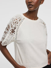 Crew-Neck Mix-Media T-Shirt with Short Puffy Sleeves