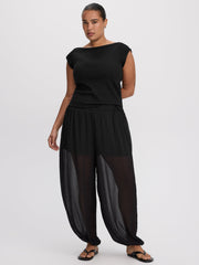 Extended-Sleeve Boat-Neck Ribbed Top