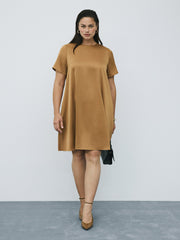 Short-Sleeve Crew-Neck Swing Satin Mini Dress