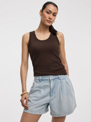 Pleated Denim Shorts