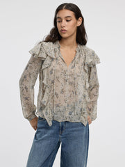 Long-Sleeve Split-Neck Blouse with Ruffled Details