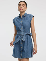 Cap-Sleeve Belted Denim Shirtdress