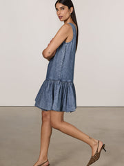 Denim Sleeveless Mini Dress with Bubble Hem