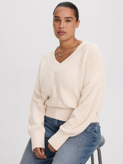 Long-Sleeve V-Neck Sweater with Half-Cardigan Stitches
