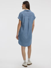 Extended-Sleeve Shift Denim Dress with V Neckline