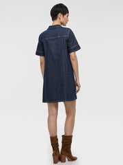 Elbow-Sleeve Shirt-Collar Denim Mini Dress