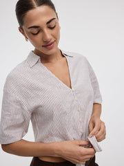 Striped Short-Sleeve V-Neck Blouse with Self-Tie Closure
