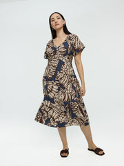 Short-Sleeve Midi Dress with V Neckline