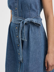 Cap-Sleeve Belted Denim Shirtdress