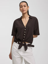 Short-Sleeve V-Neck Blouse with Self-Tie Closure