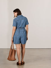 Short-Sleeve Denim Mini Dress Romper