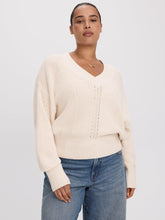 Long-Sleeve V-Neck Sweater with Half-Cardigan Stitches