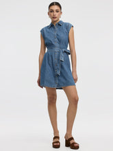 Cap-Sleeve Belted Denim Shirtdress