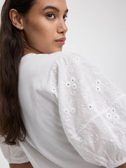 Crew-Neck Mix-Media Top with Short Puffy Sleeves