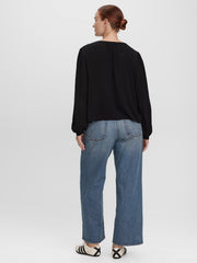 Long-Sleeve Split-Neck Blouse with Embroideries