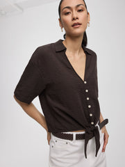 Short-Sleeve V-Neck Blouse with Self-Tie Closure