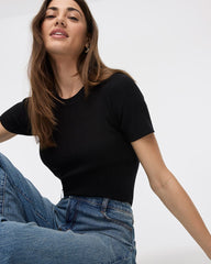 Short-Sleeve Crew-Neck Ribbed Sweater