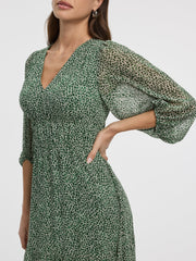 V-Neck Empire Midi Dress with Sheer Sleeves
