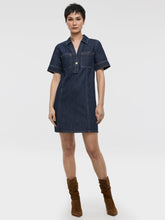 Elbow-Sleeve Shirt-Collar Denim Mini Dress