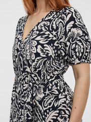 Short-Puffy-Sleeve V-Neck Midi Dress