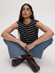 Striped Short-Dolman-Sleeve Boat-Neck T-Shirt