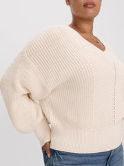 Long-Sleeve V-Neck Sweater with Half-Cardigan Stitches