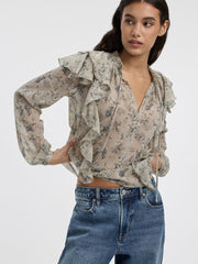 Long-Sleeve Split-Neck Blouse with Ruffled Details
