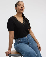 Short-Sleeve V-Neck Tee with Lace Trim