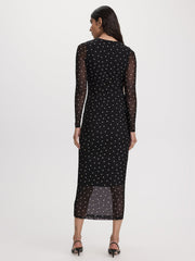 Long-Sleeve Mesh Midi Dress with Side Shirrings
