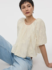 Elbow-Sleeve Scoop-Neck Eyelet Blouse