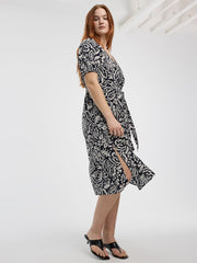 Short-Puffy-Sleeve V-Neck Midi Dress