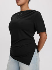 Short-Sleeve Shirred Top with Asymmetrical Hem