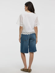 Short-Sleeve Mix-Media Top with Embroidered Trims