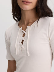 Short-Sleeve Top with Lace-Up Split Neckline