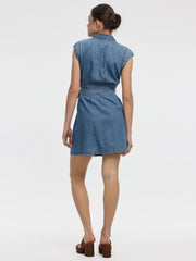 Cap-Sleeve Belted Denim Shirtdress