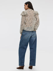 Long-Sleeve Split-Neck Blouse with Ruffled Details