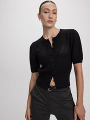 Short-Sleeve Crew-Neck Cardigan with Pointelle Stitches
