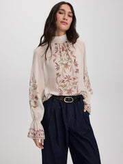 Long-Sleeve Mock-Neck Loose Blouse