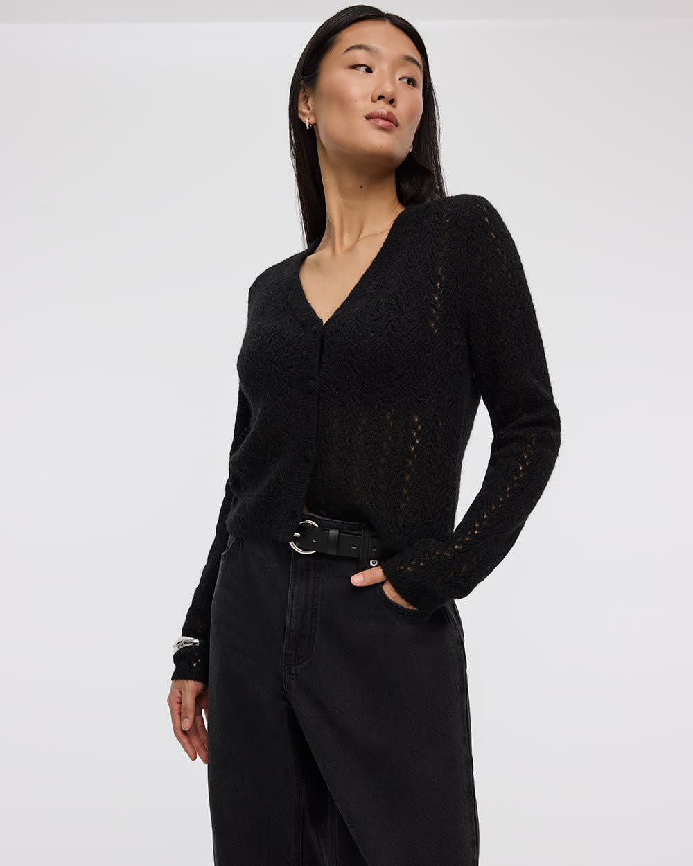 Long-Sleeve V-Neck Fancy-Stitch Cardigan