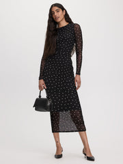 Long-Sleeve Mesh Midi Dress with Side Shirrings