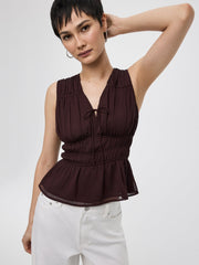 Sleeveless V-Neck Blouse with Smocked Waist