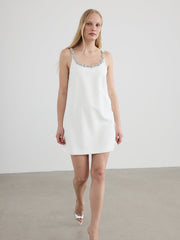 Sleeveless Scoop-Neck Mini Shift Dress with Rhinestones