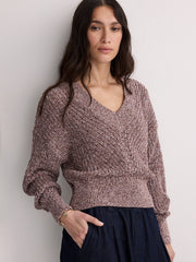 Long-Sleeve V-Neck Sweater with Half-Cardigan Stitches