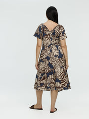 Short-Sleeve Midi Dress with V Neckline