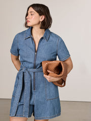 Short-Sleeve Denim Mini Dress Romper
