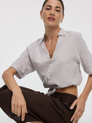 Striped Short-Sleeve V-Neck Blouse with Self-Tie Closure