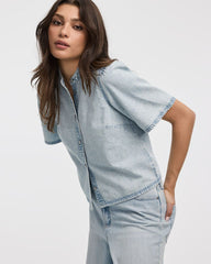Crew-Neck Denim Shirt with Short Flutter Sleeves