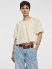 Elbow-Sleeve Scoop-Neck Eyelet Blouse