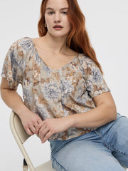Short-Flutter-Sleeve V-Neck Buttoned-Down Blouse