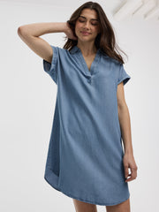 Extended-Sleeve Shift Denim Dress with V Neckline